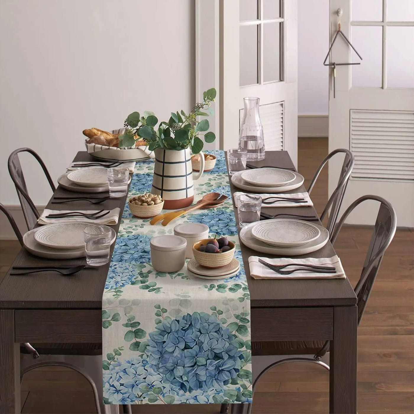 Blue Hydrangea Eucalyptus Plants Linen Table Runners Party Decor Farmhouse Kitchen Dining Table Runners Wedding Decorations