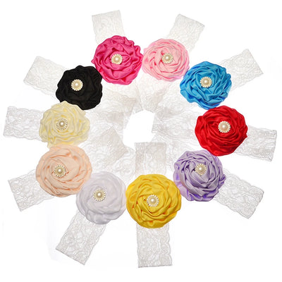 1PCS Baby Girls Rose Flower Headband with Pearl Rhinestone Center Soft Lace Bands Newborn Infant Toddler Kids Hair Accessories