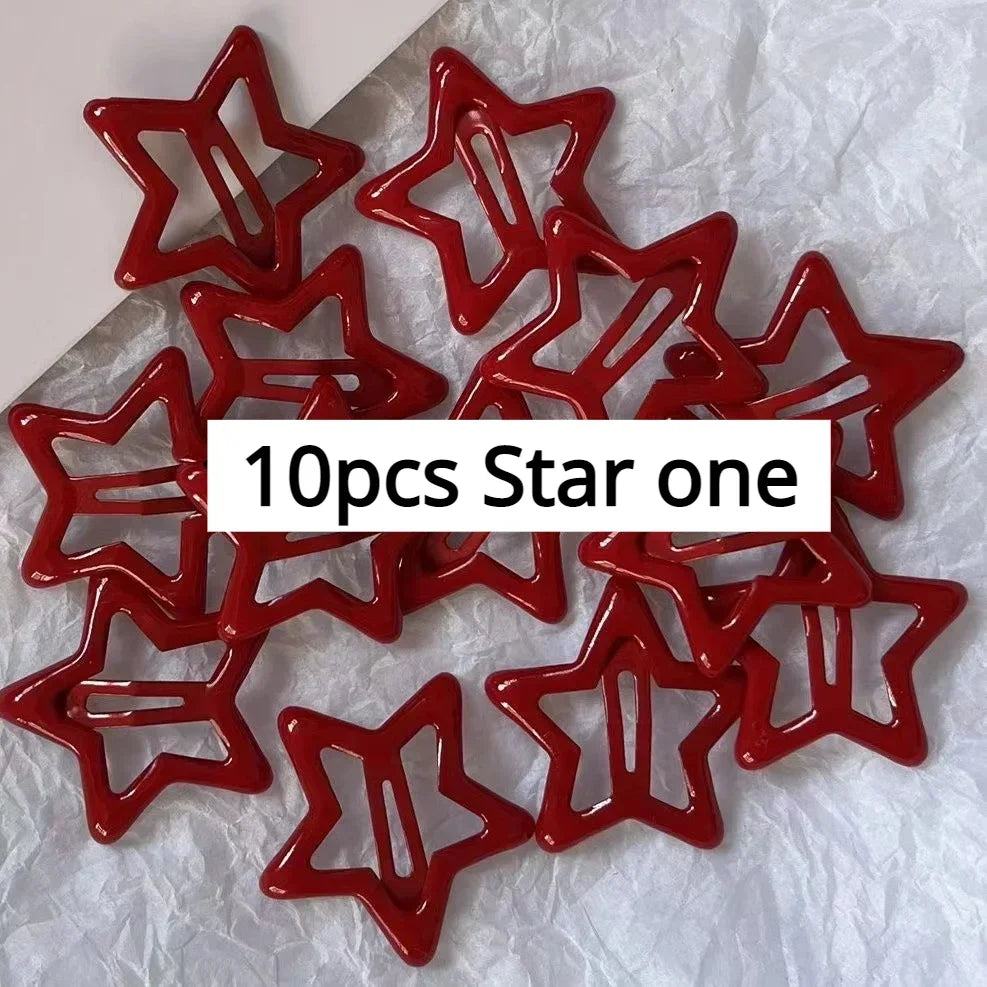 10 Pcs/Lot New Red Star Snap Clip for Girl Waterdrop Barrettes Black Hairpin Women Silver Hair Clip Accessories Kawaii BB Clip