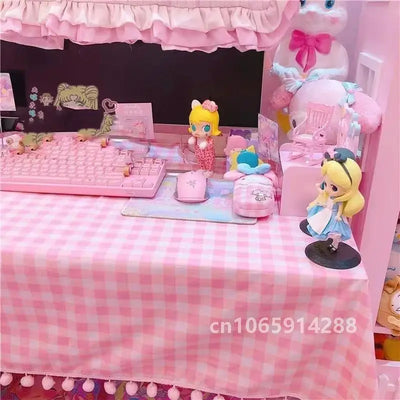 2023 Girls Hot Pink Tablecloth Ins Cute Plaid Desk Cloth Dormitory Computer Wallpaper Mat New Kawaii Room Decoration Table Cover