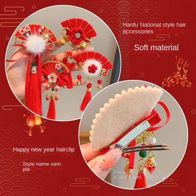 Girl's Hair Accessories Chinese Style Hair Cards Children's New Year Fans Ancient Style Hair Clips Hanfu Headwear New Year Gifts