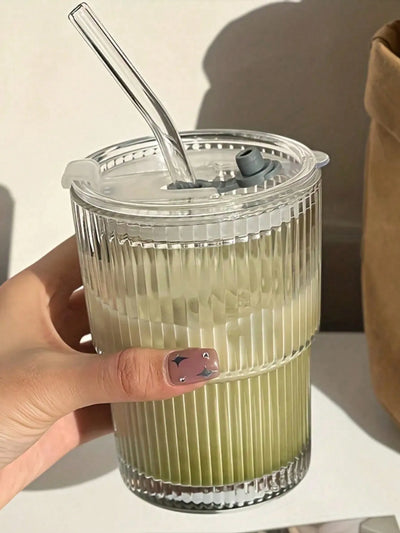 1pc, Vertical Striped Glass Cup, Iced Coffee Cup, Vintage Transparent Water Tea Milk Juice Mugs Cup, Wine Glasses For Cocktail,