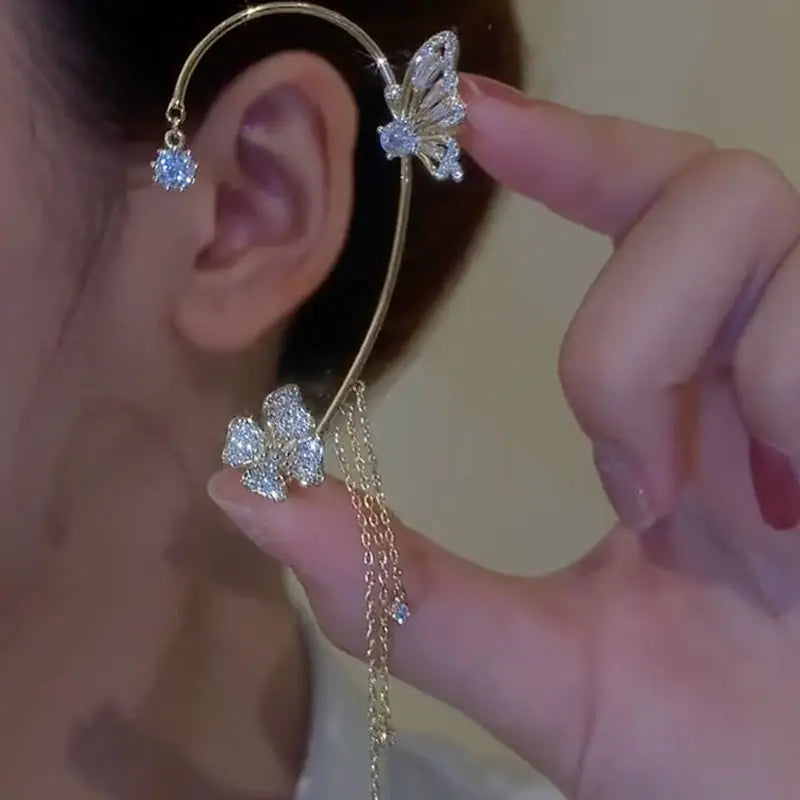 Sparkling Zircon Flower Butterfly Ear Bone Clip for Women Without Piercing Tassel Ear Cuff Clip Earrings Wedding Jewelry