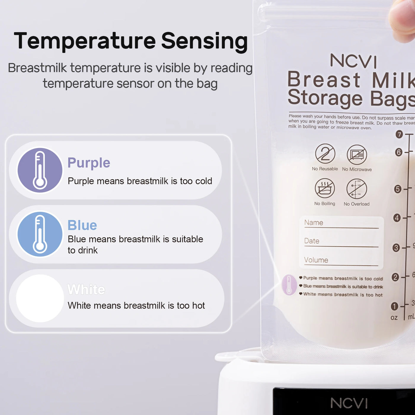 NCVI Breastmilk Storage Bags, 200ml Milk Freezer Bags for Breastfeeding, Temp-Sensing, Doubled-Sealed,Preservation Bag, BPA Free