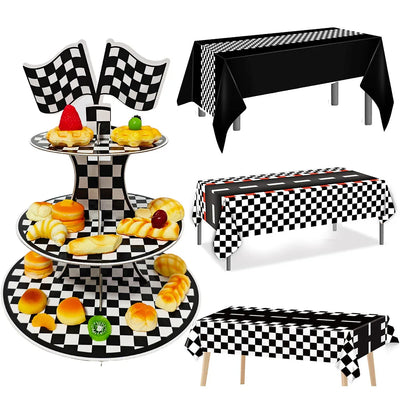 Racing Car Theme 3-Tier Round Cardboard Cupcake Stand  Cars Birthday Party Tablecloth Black and White Checkered Decor Supplies