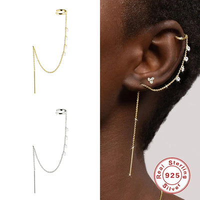 Aide 925 Sterling Silver Sparkling Zircons Long Chain Tassel Clip Earrings For Women Elegant Wedding Party Jewelry Ear Cuff 1PC