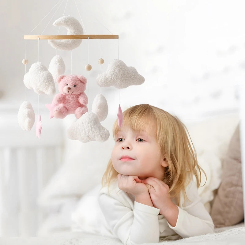 BABY CRIB MOBILE RATTLE TOY – SOFT FELT TEDDY VELVET PINK BEAR HANGING TOY WITH HOLDER FOR INFANTS (0-12 MONTHS)y Holder Bracket Crib Girl Toy
