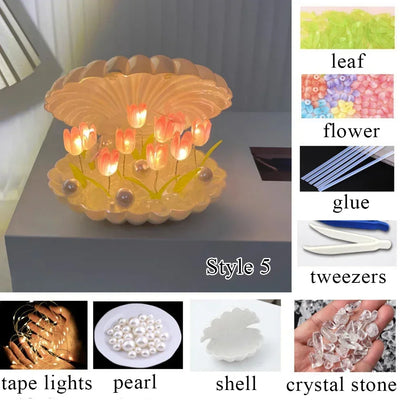 Handmade DIY Ceramic Shell Tulip Small Night Lamp Creative Valentine Christmas Birthday Kids Gift Bedside Table Ambience Light