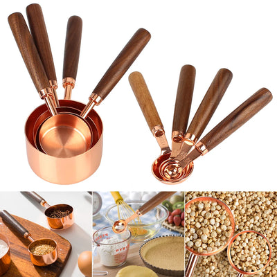 Stainless Steel Kitchen Accessories Kitchen Gadget 8Pcs Wooden Handle Measuring Cups Measuring Spoon Set Coffee Bartending Scale