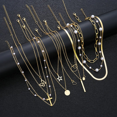 11 Pcs Simple Pearl Choker Necklaces Set for Women Fashion Layered Chain Star Cross Heart Pendant Charms Necklace Jewelry Gifts