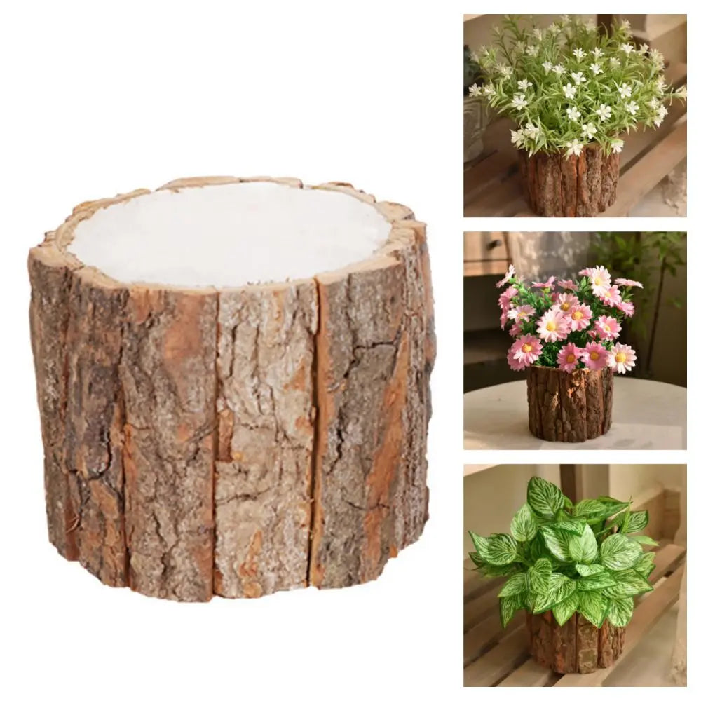Creative Wooden Succulent Flowerpot DIY Desktop Storage Pen Container Pastoral Style Gardening Bark Flower Pot