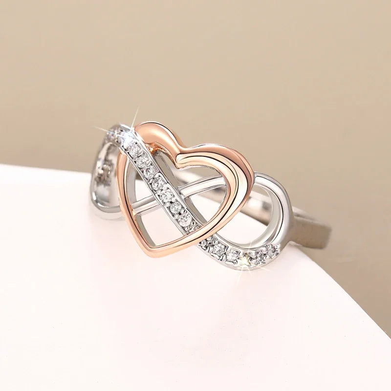 Huitan Unique Infinity Sign and Heart Designed Rings for Women Trendy Love Shiny Finger Accessory Chic Two-tone Wedding Jewelry