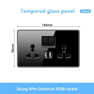 Black UK 18W Type-C Quick charge Socket Universal Double 3pin USB Power Outlet,220V Electrical Wall LED Light 2way Switch TV TEL