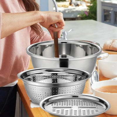 3 In 1 Multifunctional Kitchen Graters with Stainless Steel Drain Basin Vegetable Cutter Colander Vegetable Slicer Set
