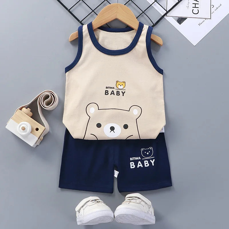2PCS CHILDREN'S CLOTHING VEST SUIT SUMMER COTTON T-SHIRTS SHORTS BOYS GIRLS SLEEVELESS KIDS CLOTHES FOR BABY