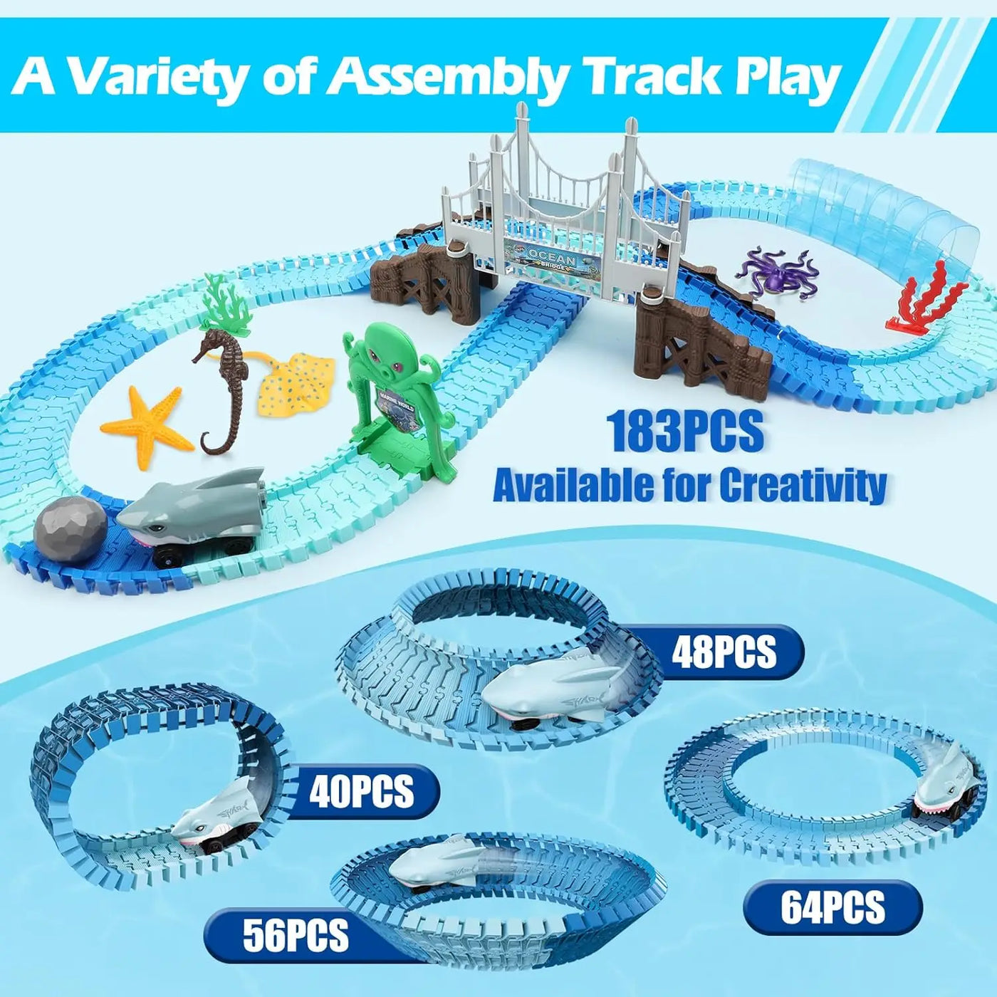 VATOS Track Toys Shark Race Car Toy for Boys Girls Age 3+ Bendable Flexible Racetrack Cars Ocean Train Toy STEM Educate Kid Set