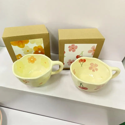 Ceramic Mugs Coffee Cups Hand Pinched Irregular Flower Milk Tea Cup Ins Korean Style Oatmeal Breakfast Mug Drinkware Kitchen