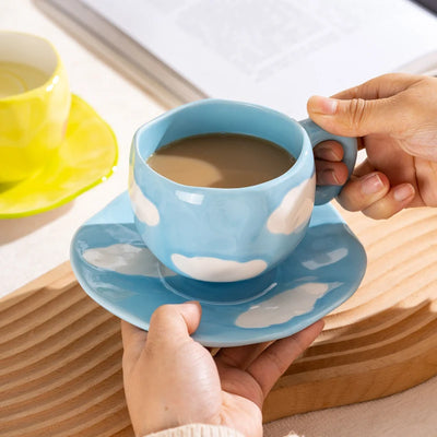 Creative Ceramic mug Hand-painted Flower Clouds Coffee Cup with Saucer Irregular Handmade Cup Breakfast Milk Tea Cups Gift Set
