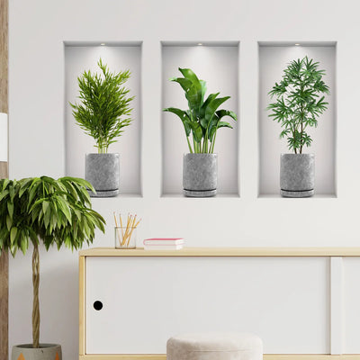 3Pcs/Set Fake Green Plants Potted Plant 3D Wall Stickers Living Room Study Office Waterproof Vinyl Decor Self Adhesive Decals