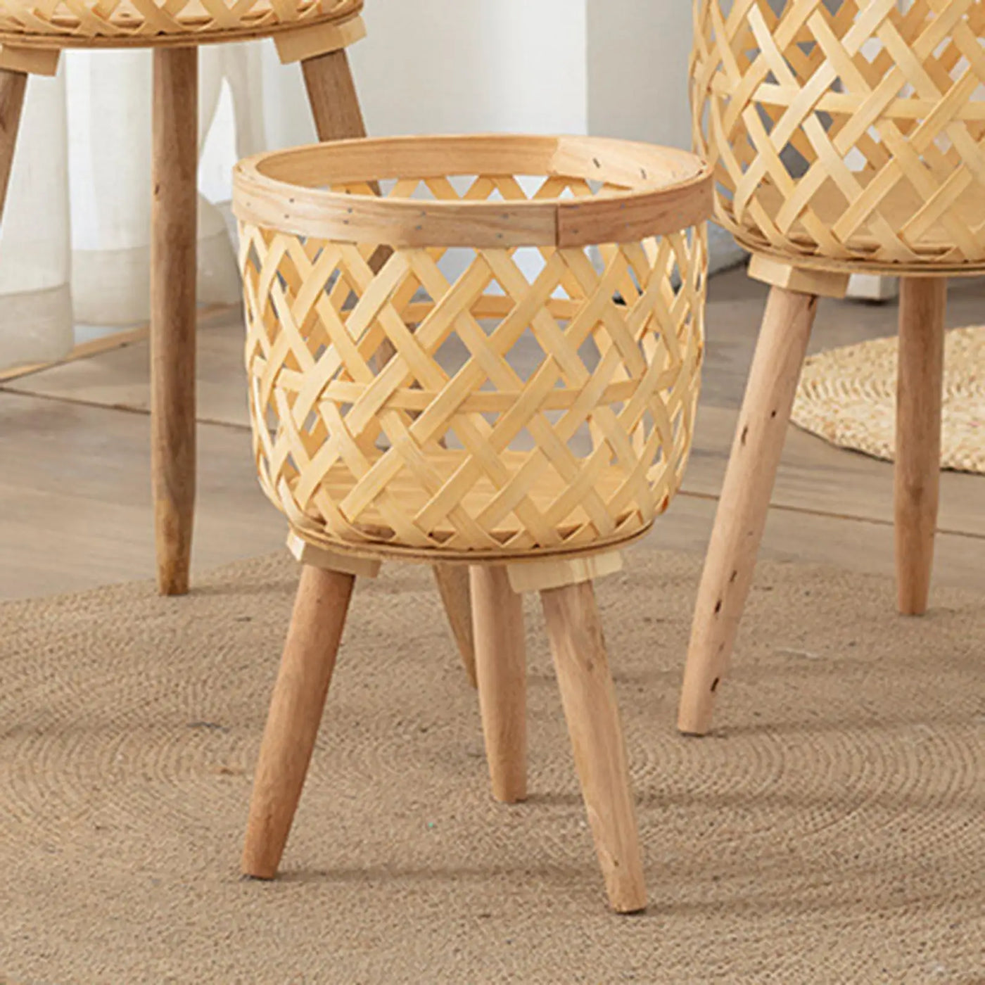 Hand Woven Flower Pot Wood Tripod Stand for Balcony Planters Backyard Garden