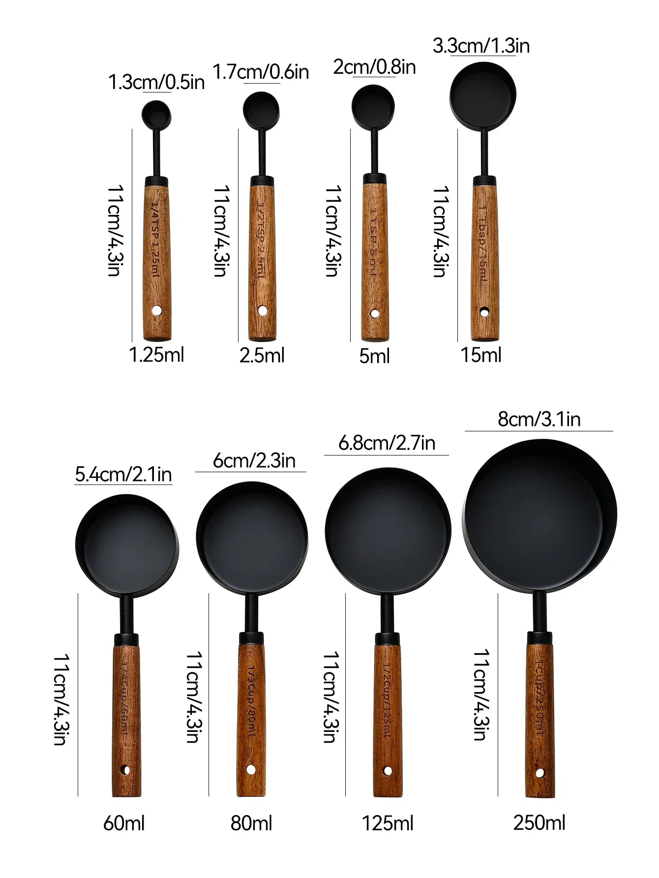 4/8Pcs Black Wooden Handle Stainless Steel Measuring Cups Spoons Baking Tools Coffee Bartending Scale Kitchen Accessories Set