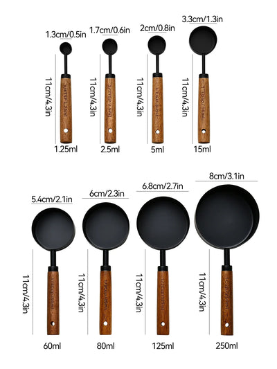 4/8Pcs Black Wooden Handle Stainless Steel Measuring Cups Spoons Baking Tools Coffee Bartending Scale Kitchen Accessories Set