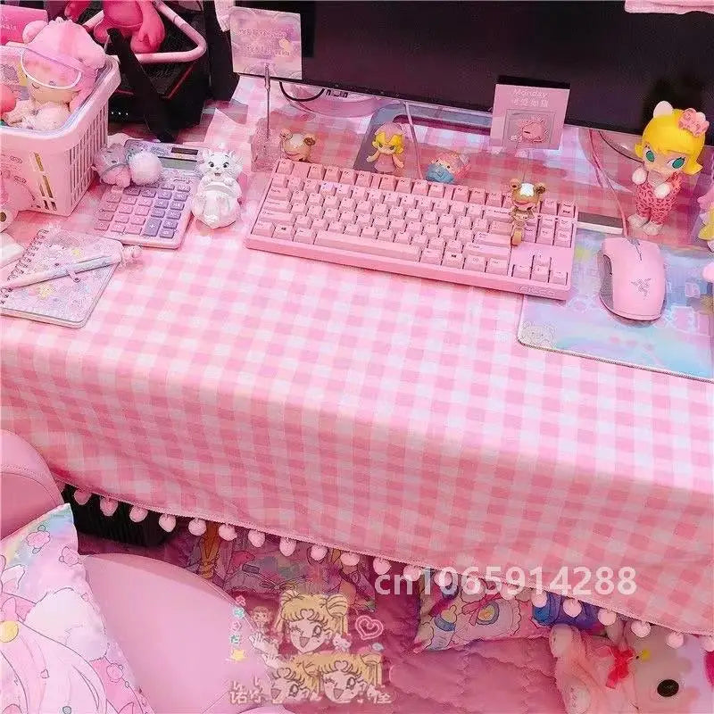 2023 Girls Hot Pink Tablecloth Ins Cute Plaid Desk Cloth Dormitory Computer Wallpaper Mat New Kawaii Room Decoration Table Cover