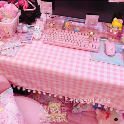 2023 Girls Hot Pink Tablecloth Ins Cute Plaid Desk Cloth Dormitory Computer Wallpaper Mat New Kawaii Room Decoration Table Cover