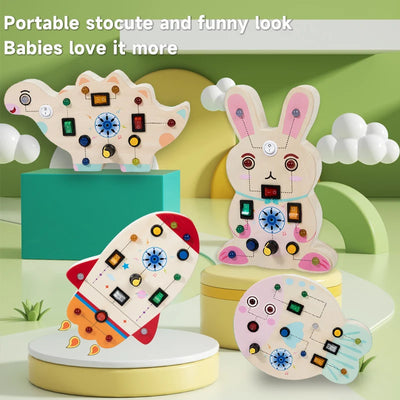 Montessori Busy Board Wooden Sensory Toys LED Light Switch Control Board Animal Educational Children Travel Toys 2-4 Years Old