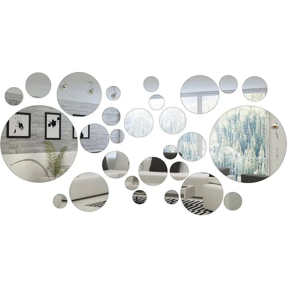 32Pcs Modern 3D Mirror Wall Sticker Circle Silver Mirror Decals Self-Adhesive Art Ornaments Home Background Decoration