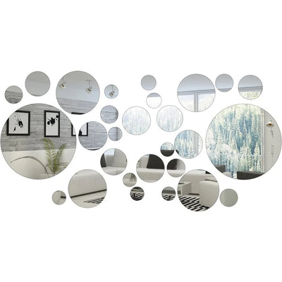 32Pcs Modern 3D Mirror Wall Sticker Circle Silver Mirror Decals Self-Adhesive Art Ornaments Home Background Decoration
