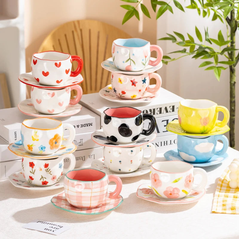 Creative Ceramic mug Hand-painted Flower Clouds Coffee Cup with Saucer Irregular Handmade Cup Breakfast Milk Tea Cups Gift Set