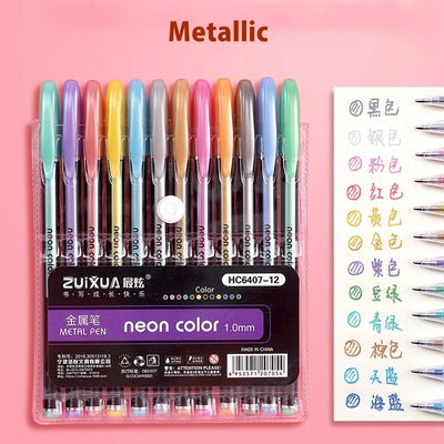 12/24Pcs Metallic Glitter Colors Gel Pens For School Office Adult Coloring Book Journals Drawing Art Markers Promotion Pen