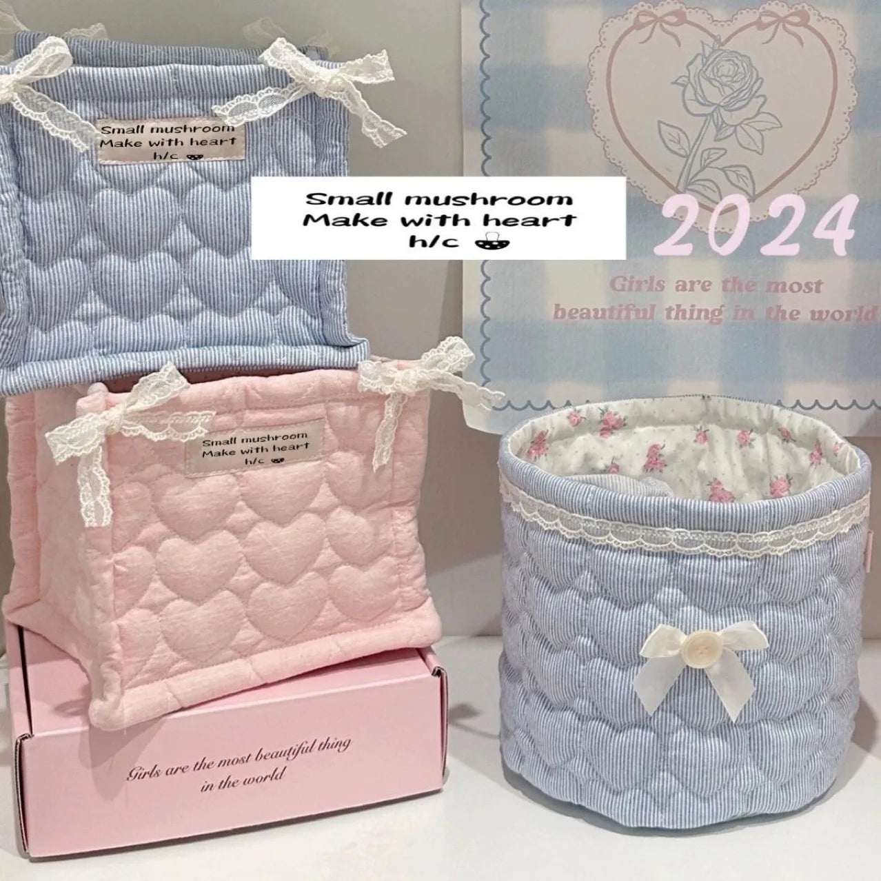 handmade ins ballet style heart clip cotton quilted cylinder square pen holder desktop storage box storage and organizing basket