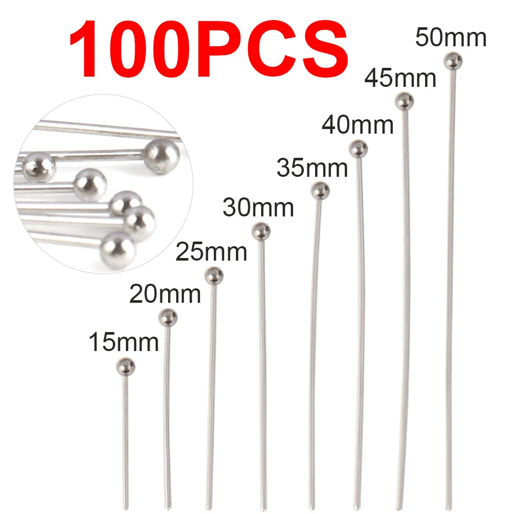 100pcs 15-50MM Stainless Steel Flat Head Eye Head Pins Jewelry Findings For Jewelry Making Supplies Ball Head Pins Accessories
