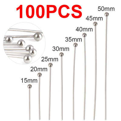100pcs 15-50MM Stainless Steel Flat Head Eye Head Pins Jewelry Findings For Jewelry Making Supplies Ball Head Pins Accessories