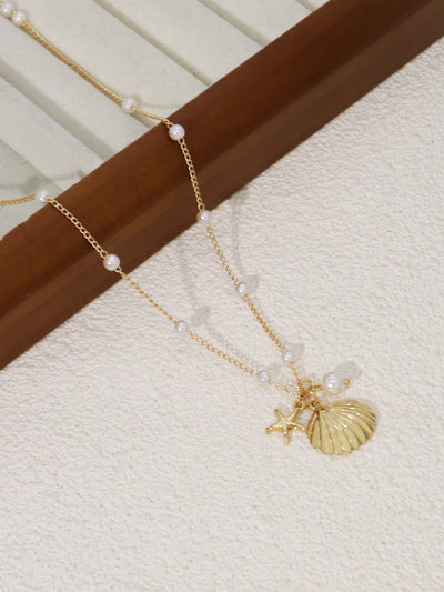 Vintage Shiny Shell Starfish Pendant Necklace for Women Simple Multilayer Thin Chain Choker Bridal Neck Jewelry