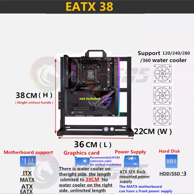 MOD Open PC Case Frame ITX MATX ATX EATX Gamers Cabinet DIY Water Cooler Desktop Computer Aluminum Creative Tower Gaming