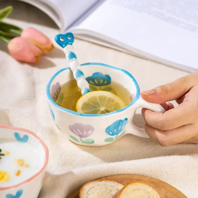 Ceramic Mug with Rabbit Handle Spoon Hand-shaped Irregular Coffee Milk Tea Cup Breakfast Oatmeal Cup Drinkware Kitchen Cup