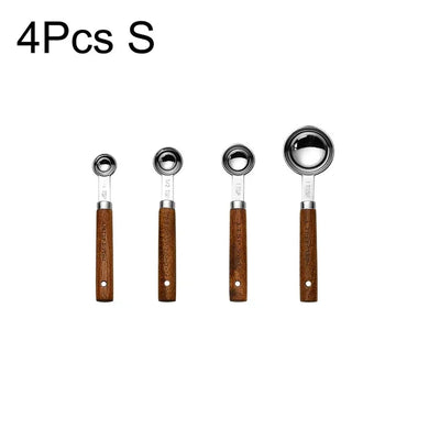 4/8Pcs Black Wooden Handle Stainless Steel Measuring Cups Spoons Baking Tools Coffee Bartending Scale Kitchen Accessories Set