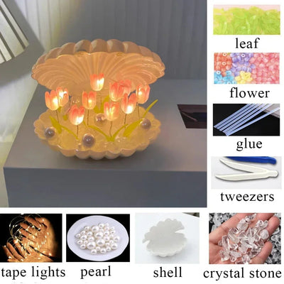 DIY Tulip Night Light Luminous Ornament Mirrors Simulation Flower Light INS Decor LED Table Lights Desktop Mirror Light Gifts