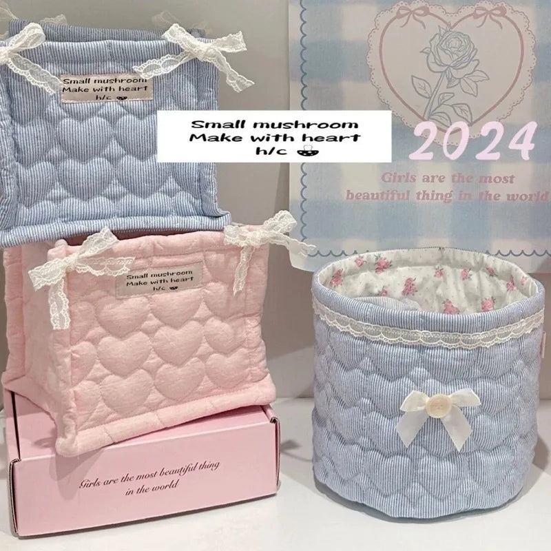 handmade ins ballet style heart clip cotton quilted cylinder square pen holder desktop storage box storage and organizing basket