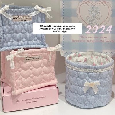 handmade ins ballet style heart clip cotton quilted cylinder square pen holder desktop storage box storage and organizing basket