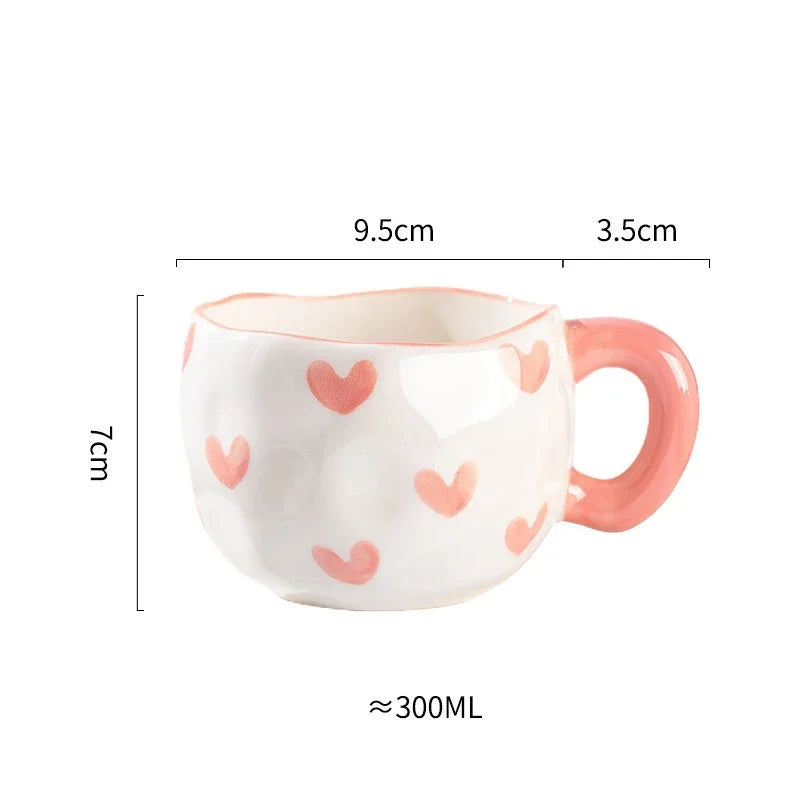 300ML Korean Style Hand Pinched Irregular Ceramic mug Hand-painted Flower Heart Coffee Cup Breakfast Milk Afternoon tea cup Gift