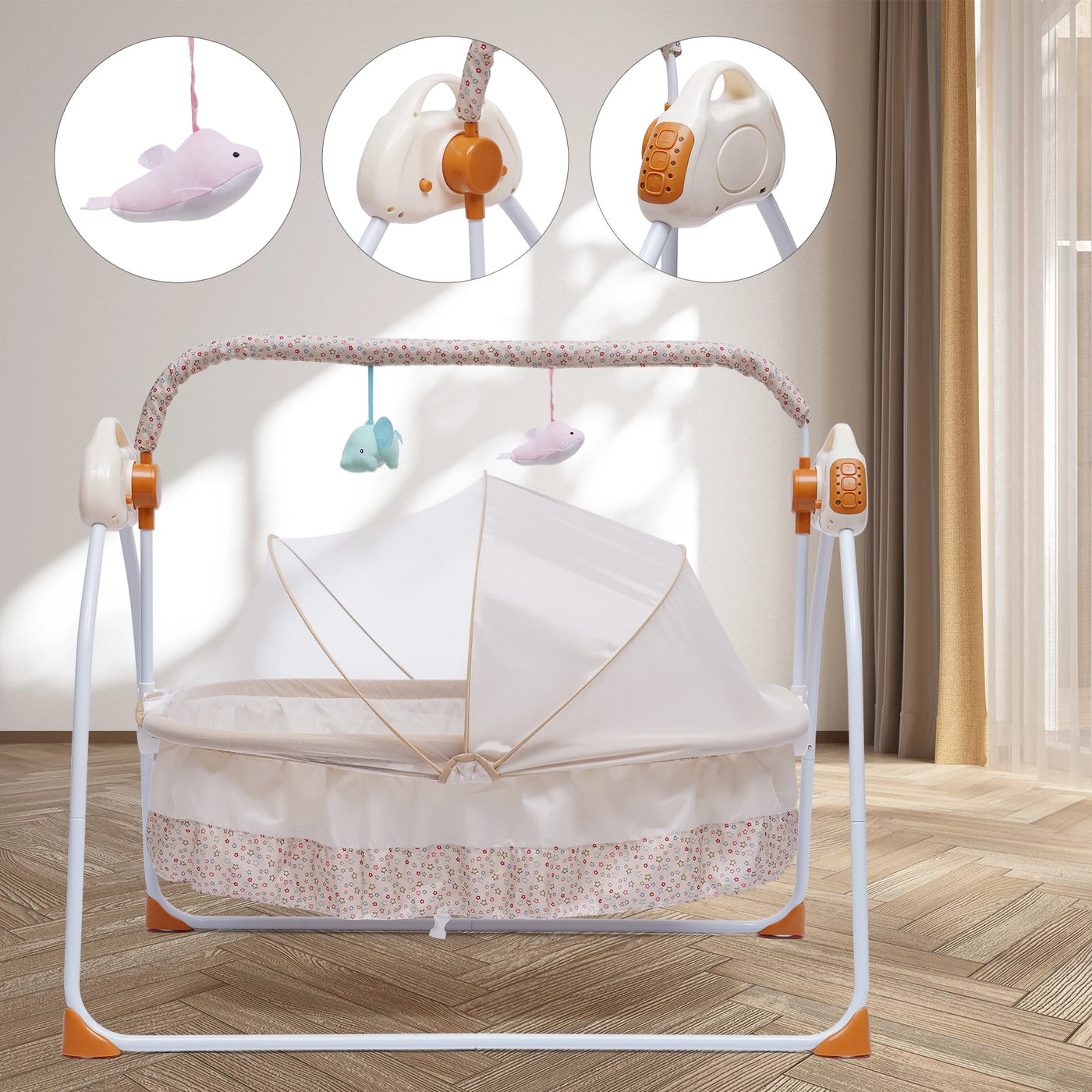 3-COLOR LED BLUETOOTH ELECTRIC BABY CRADLE WITH AUTO SWING, SAFE CRIB, INFANT ROCKER & MP3 MUSIC PLAYER