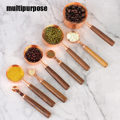 Stainless Steel Kitchen Accessories Kitchen Gadget 8Pcs Wooden Handle Measuring Cups Measuring Spoon Set Coffee Bartending Scale
