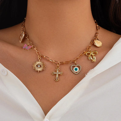 Charm Necklace for Women Shell Cross Necklaces Gold Charms Pendant Boho Summer Seashell Ocean Beach 14K Starfish Surfer