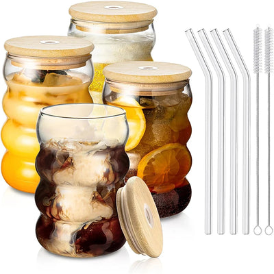 1/2/4PCS Creative Glass Cup with Lid Straw Heat-resistant Wave Cup Beer Juice Ice Coffee Cups Cocktail Fruit Glass Drinkware