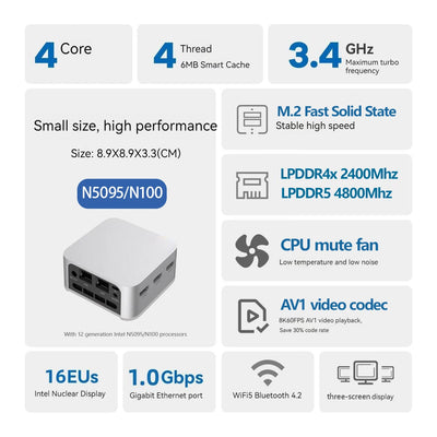 2025 T8 Pro Plus Mini PC Intel Celeron N5095 N100 Desktop Gaming Computer 8GB 16GB 256GB 512GB DDR4 DDR5 WIFI5 BT4.2