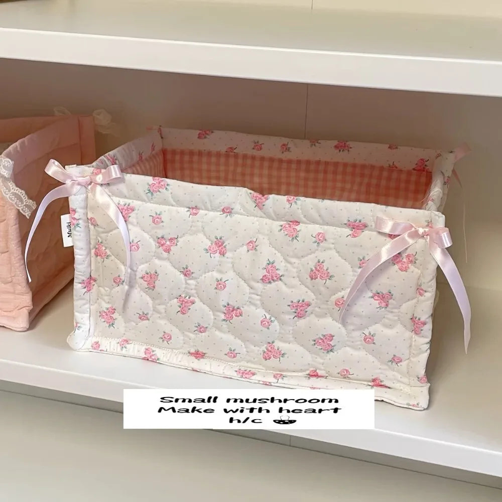 Ins Square Storage Basket Flower Cotton Sorting Basket Stripe Lace Desktop Box Home Supplies